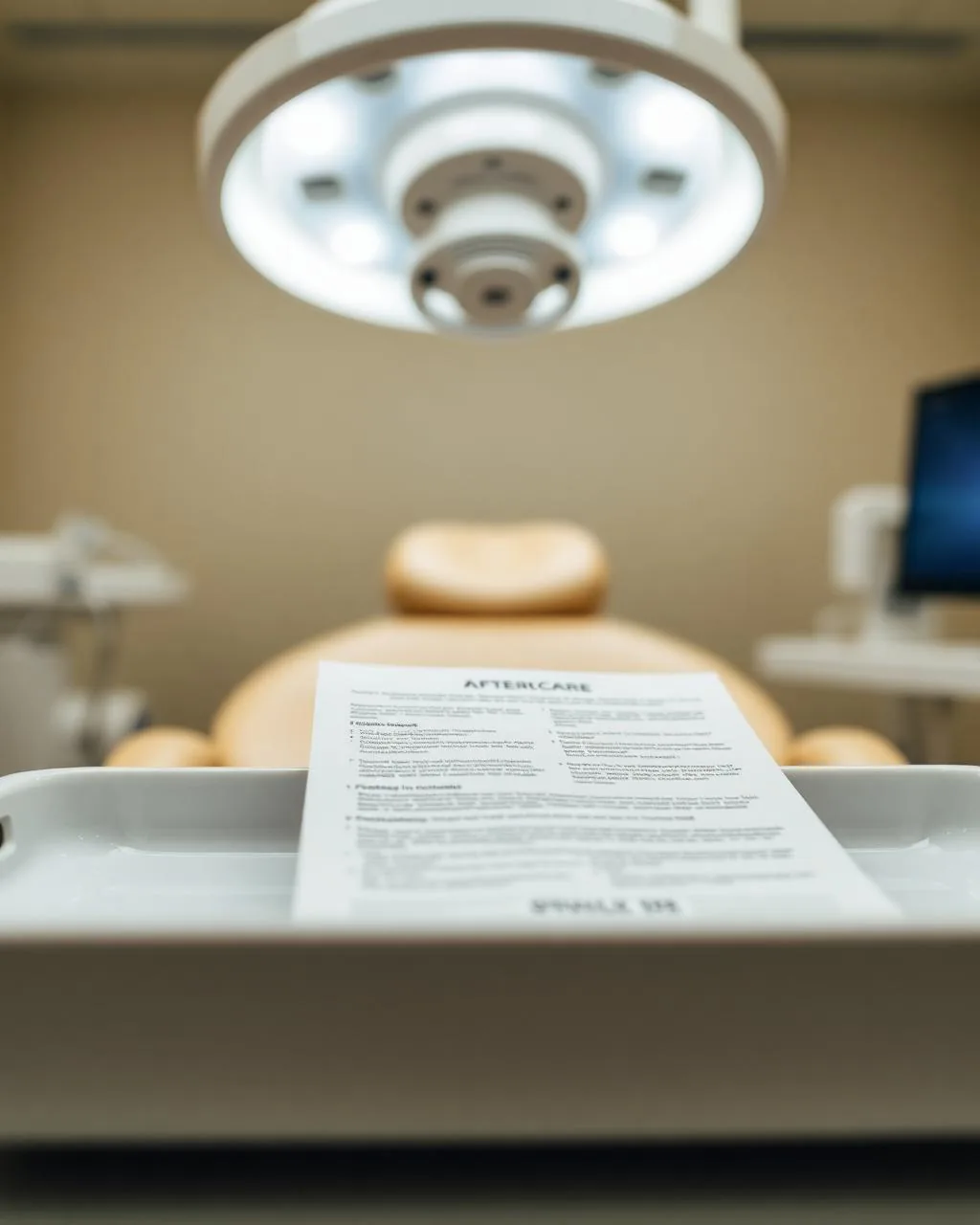 Printed post-procedure instruction sheet on a clinical tray